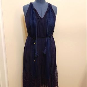 Free People sheer blue dress with embroidered lace and raw edges